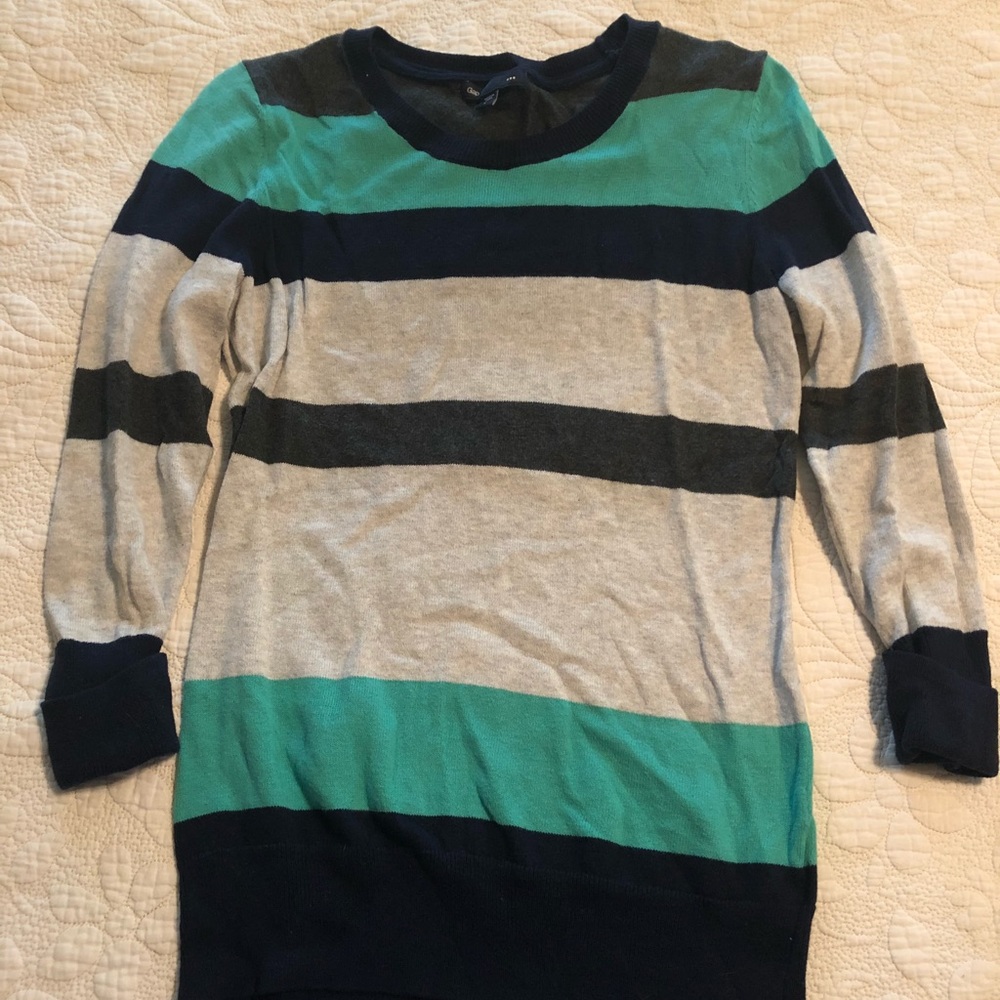 Teal, blue, and gray striped sweater
